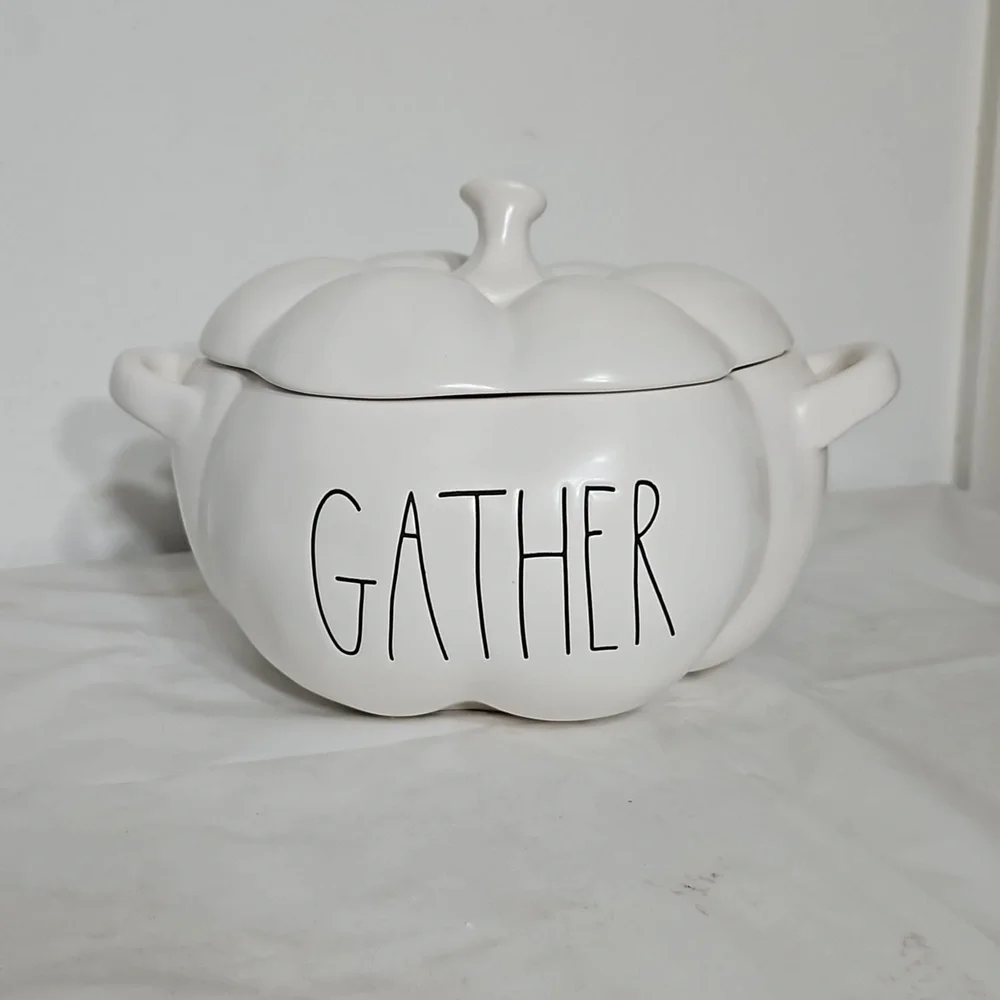 Rae Dunn artisan collection black on white gather pumpkin glossy soup dish
